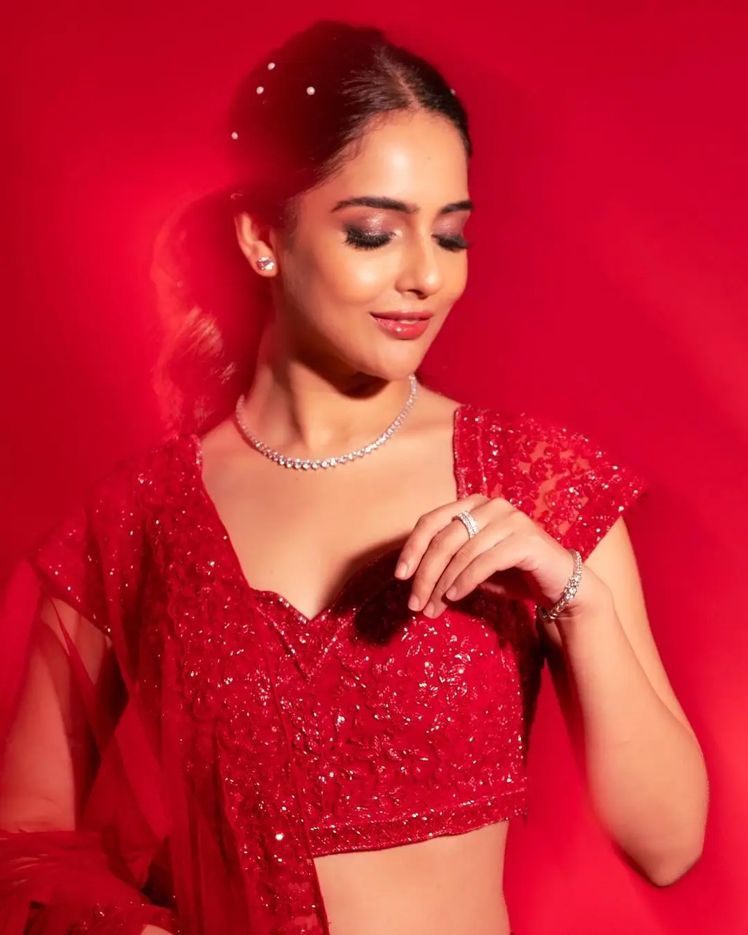 Malvi Malhotra Stills in Red Lehenga Choli Voni